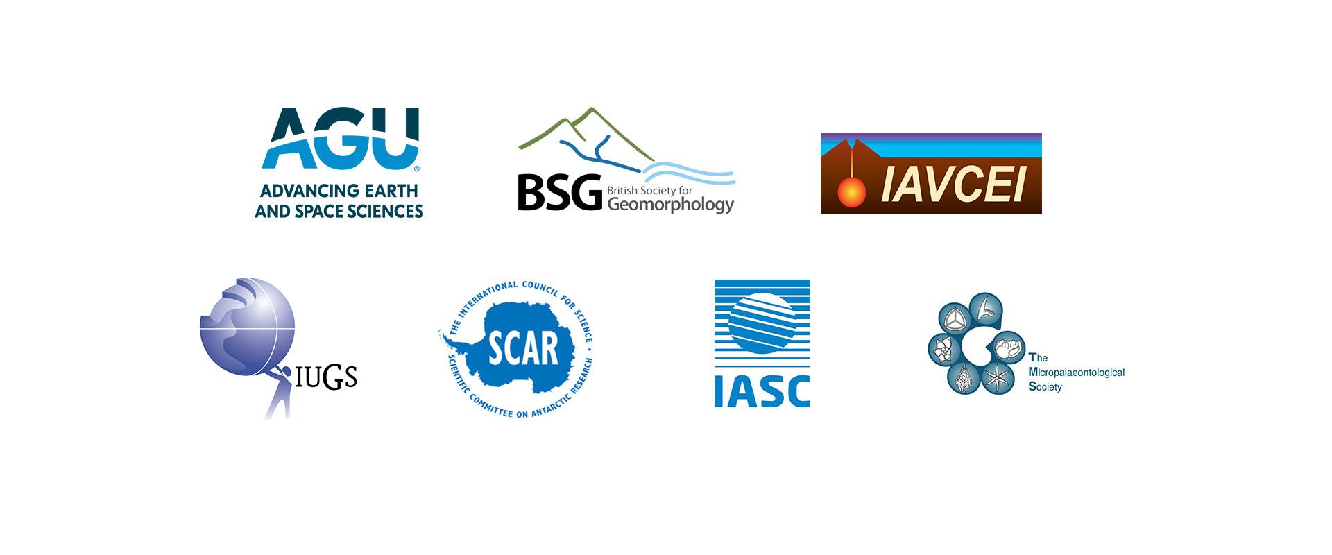 Logos for publishing partners AGU, BSG, IAVCEI, IUGS, SCAR, IASC, TMS