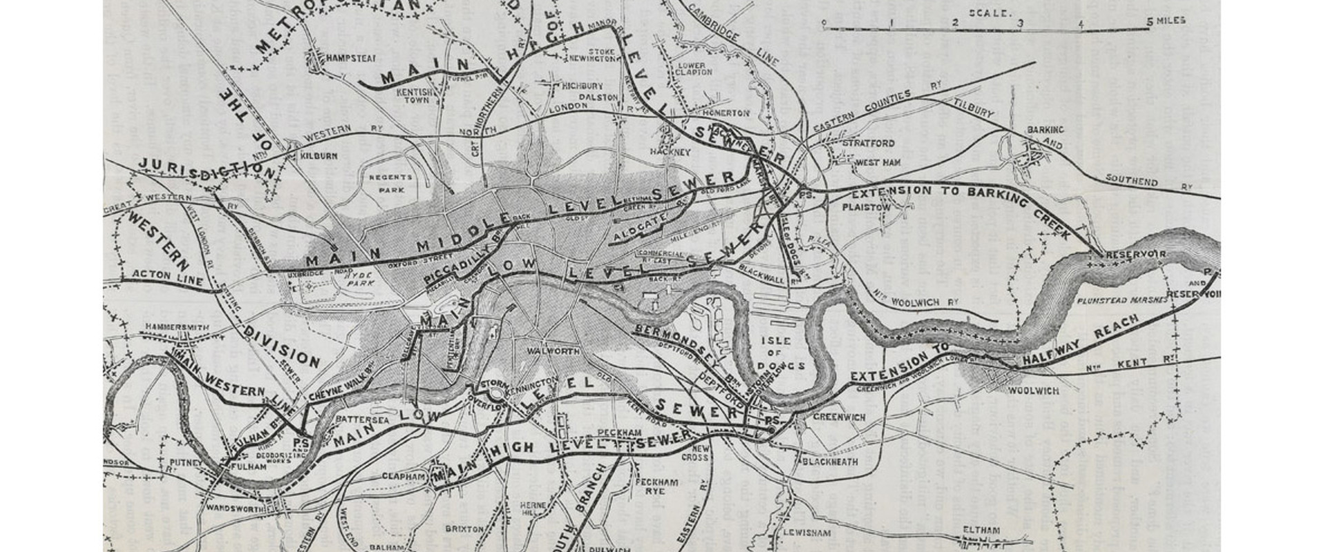 Map of the proposed lines of the main drainage and intercepting sewers to be constructed under the supervision of Joseph Bazalgette, [1858] probably taken from the 'Engineer Magazine'.