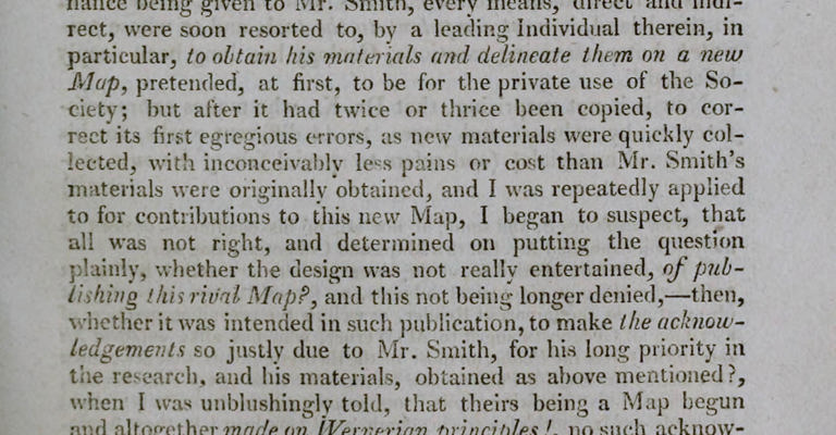 Extract of Farey, John, “Observations on the priority of Mr Smith’s investigations of the strata of England”, Philosophical Magazine’, vol XLV (1815).