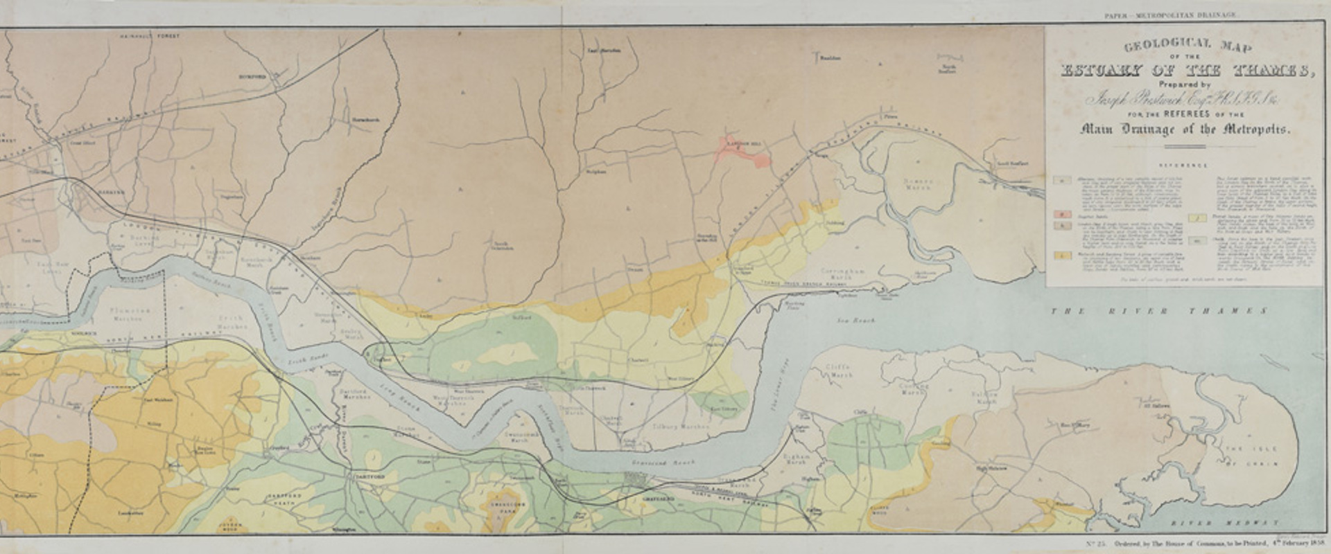 Joseph Prestwich’s ‘Geological Map of the Estuary of the Thames’ which was prepared for the Referees of the Main Drainage of the Metropolis in 1858.