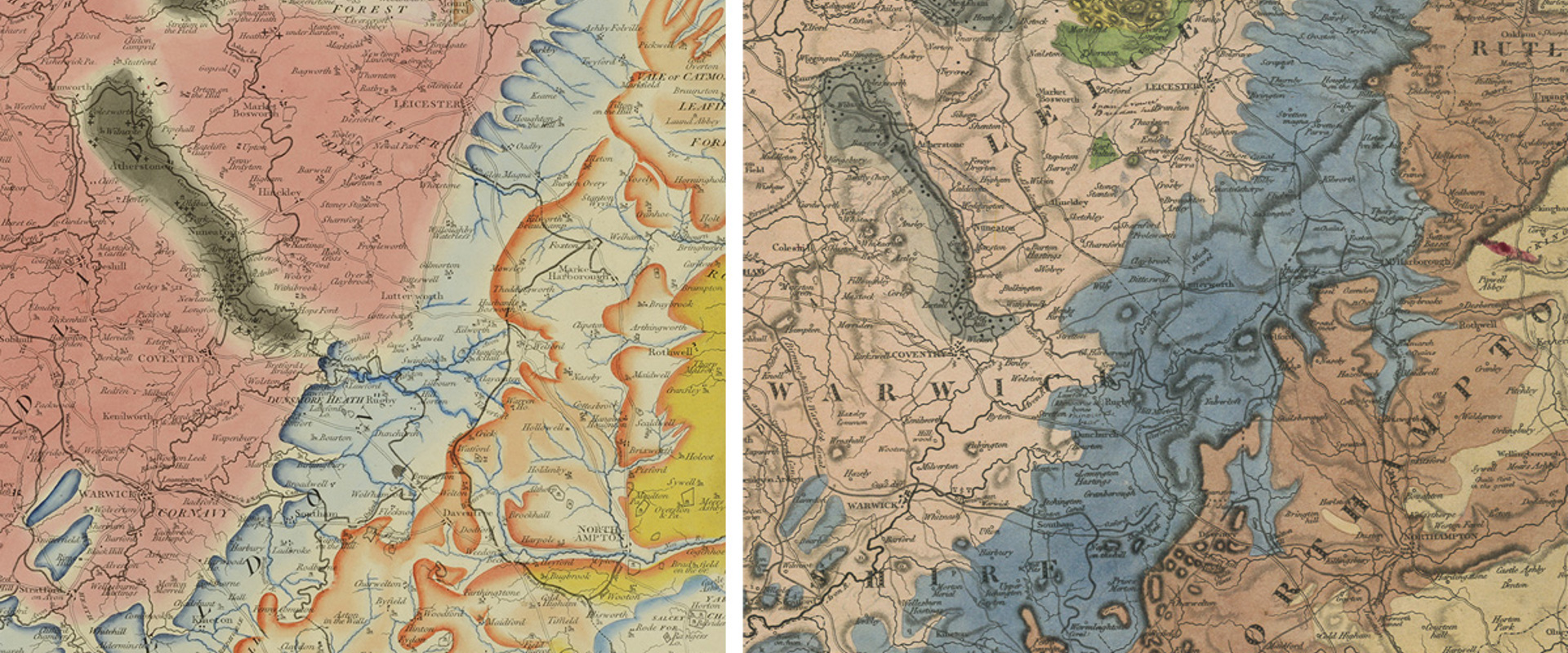 Composite image comparing the area of the East Midlands in William Smith's and George Bellas Greenough' maps