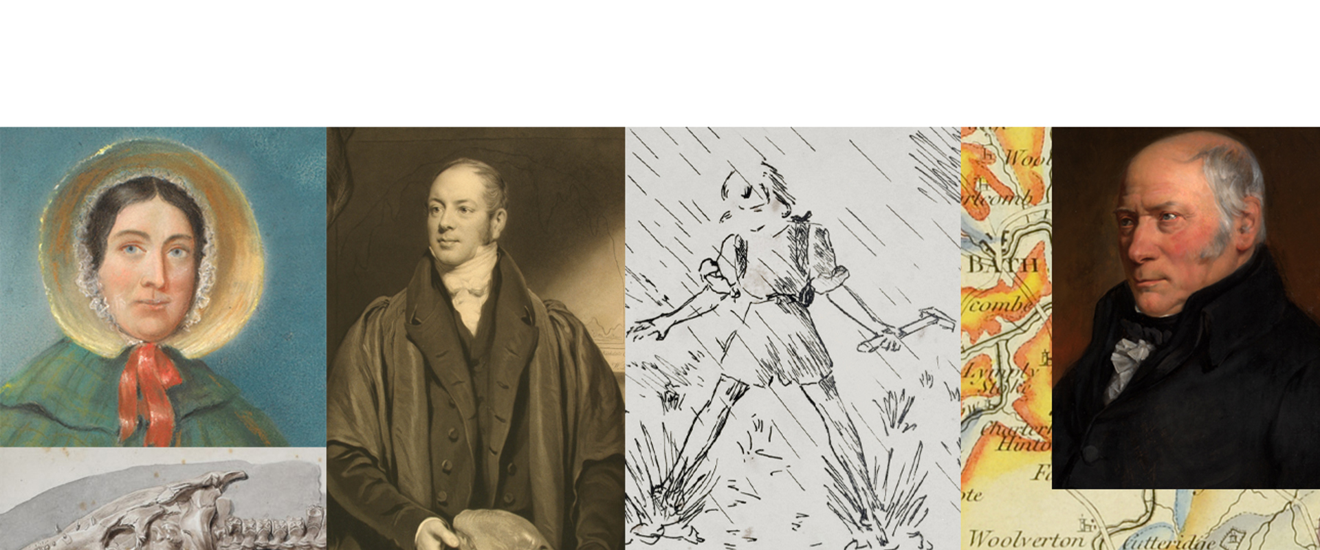 A composite image of Mary Anning, William Buckland, Janet Watson and William Smith, with extract from pleisosaur and 1815 geological map