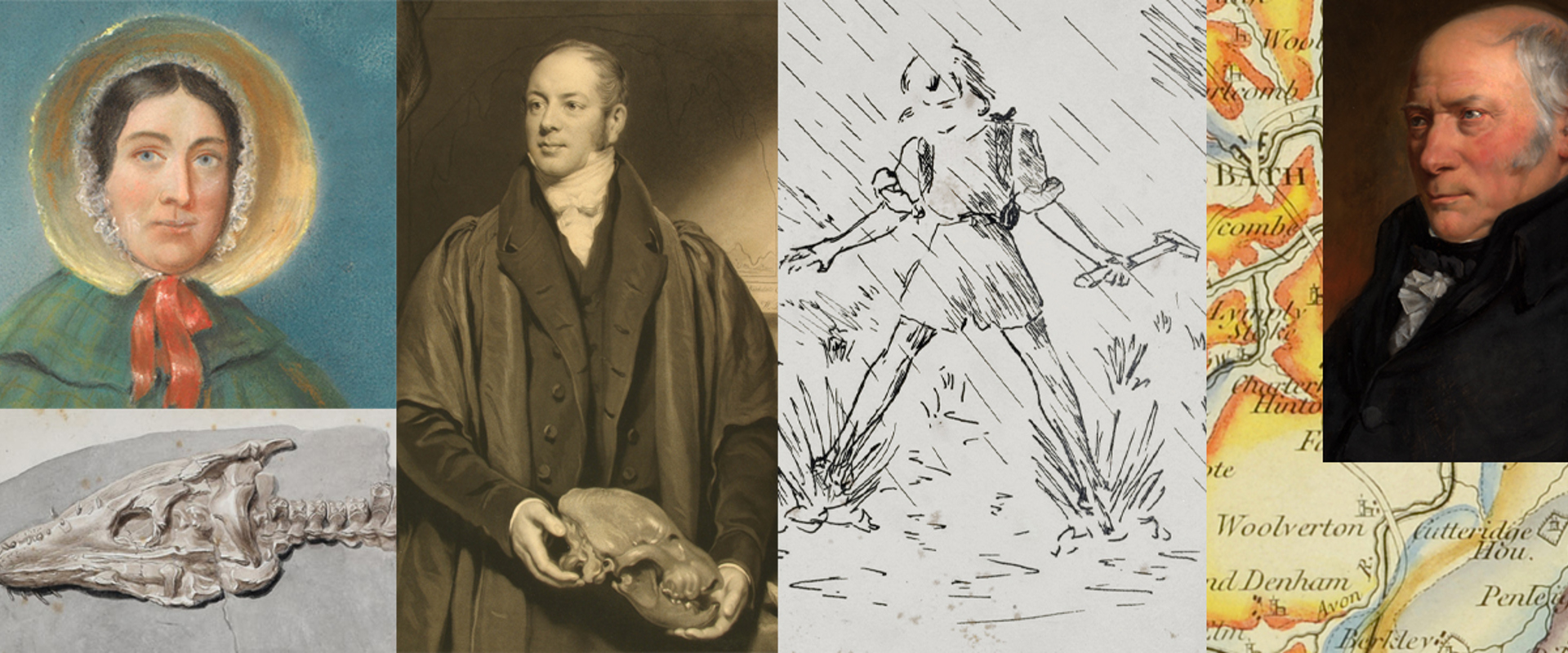 A composite image of Mary Anning, William Buckland, Janet Watson and William Smith, with extract from pleisosaur and 1815 geological map