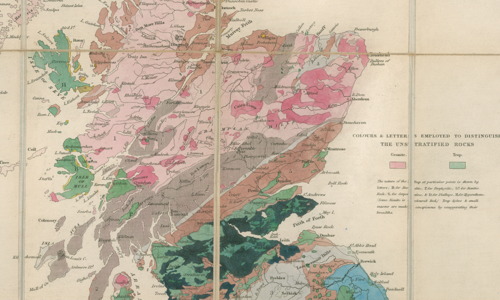 A 19th Century geological map of Scotland with a key to the geology on the right hand side