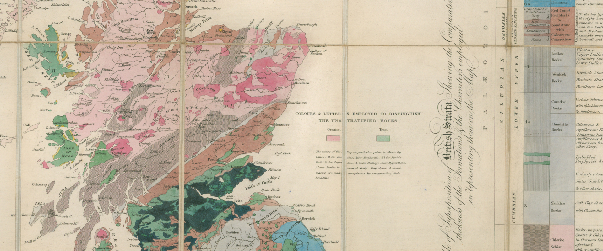 A 19th Century geological map of Scotland with a key to the geology on the right hand side