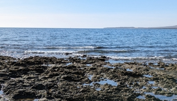 Looking out to the sea from a rocky shore, with a blue sky in the background